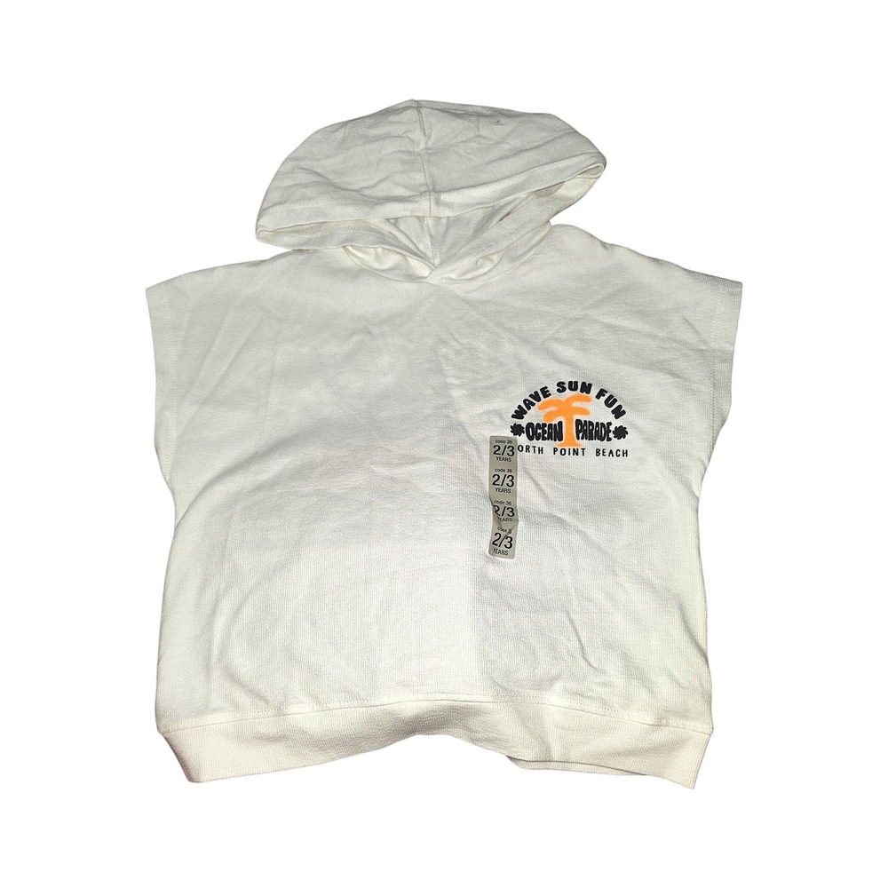 Kids White Sleeveless Hoodie Wave Sun Fun Beach Graphic Toddler 2-3Y